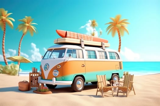 Summer vacation travel holiday van and beach accessories with beautiful sea background Generative AI.