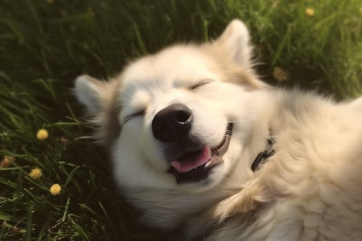Cute Siberain Husky sleeping in grass upward facing the camera Generative AI.