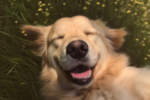 Cute golden retriever sleeping in grass upward facing the camera Generative AI.