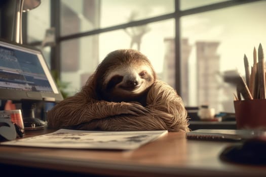 Photo sloth being lazy in the office Generative AI.