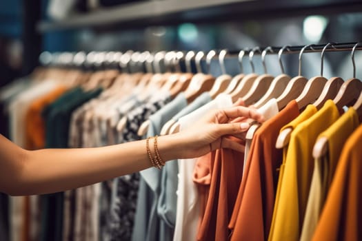 Close up of Female Hands Plucked Hanger Choosing Clothes in a Clothing Store Generative AI.