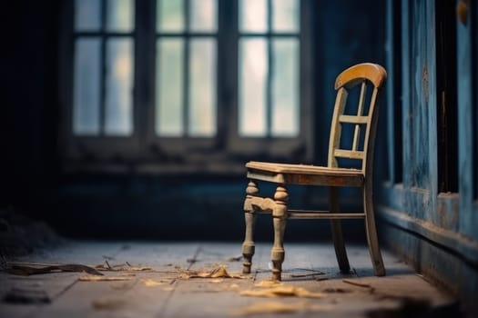 Old vintage stylish wood chair into abandoned room Generative AI.