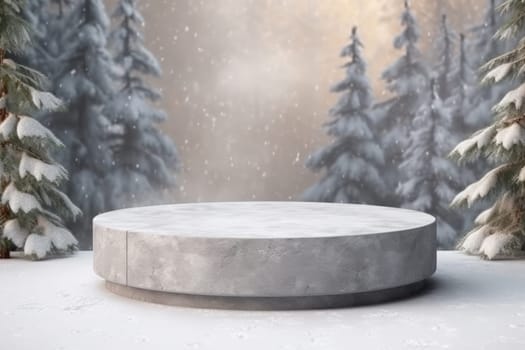 Minimal podium mockup on winter background. Generative AI.