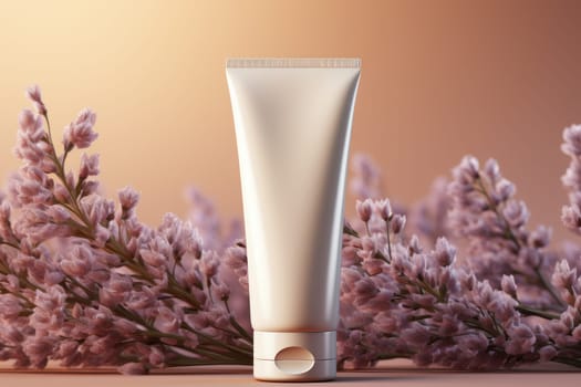 White Blank cosmetic cream tube Mockup pastel background Generative AI.