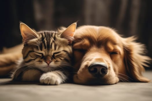 Close up cat and dog together lying Generative AI.
