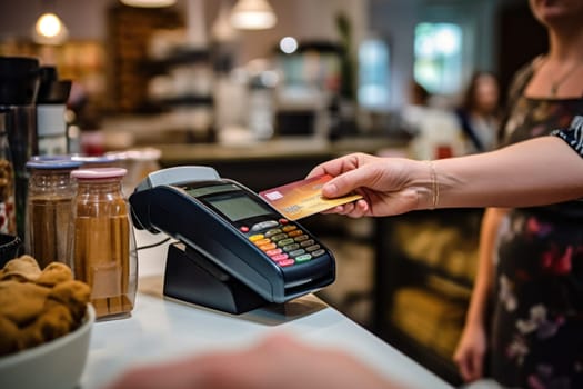 Hand of customer paying with contactless credit card Generative AI.