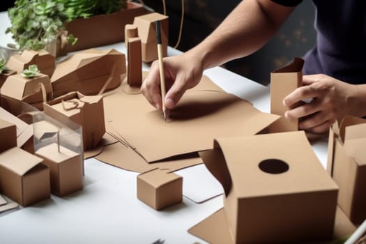 Designer sketching drawing design Brown craft cardboard paper packaging mockup box Generative AI.