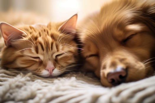 Close up cat and dog together lying Generative AI.