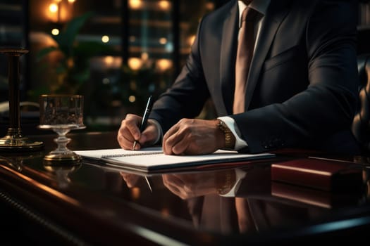 Close up of an office desk with pen and documents working hands in business suits Generative AI.