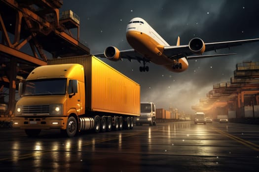 Global business logistics import export concept airplane truck train ship container Generative AI.