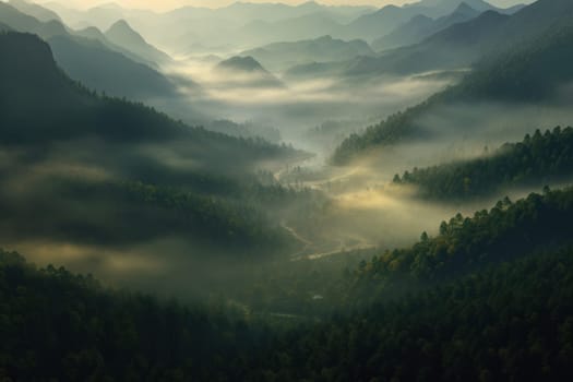 The mountains are covered in a layer of mist and clouds Generative AI.