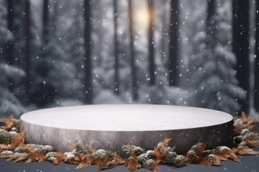 Minimal podium mockup on winter background. Generative AI.