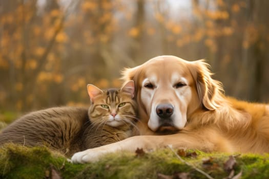 Close up cat and dog together lying Generative AI.