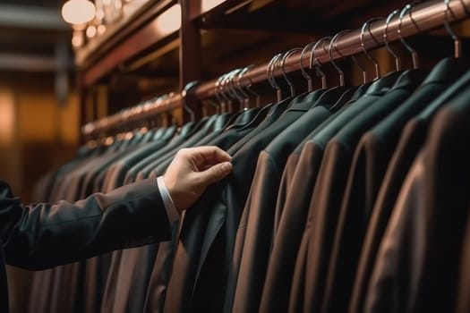 Close-up of Male Hands Plucked Hanger Choosing Suit in a Suit Store Generative AI.
