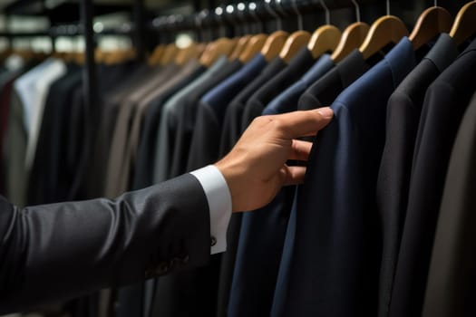 Close-up of Male Hands Plucked Hanger Choosing Suit in a Suit Store Generative AI.