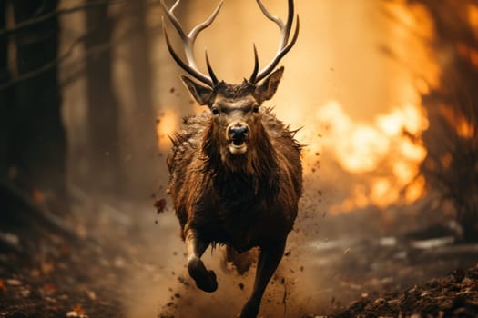 Strong forest fire Scared deer running from burning forest Generative AI.