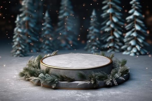 Minimal podium mockup on winter background. Generative AI.