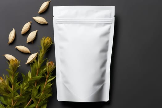 White Blank Coffee bag Pack Mockup Stand Up with pastel natural theme background Generative AI.