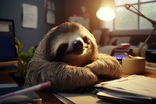 Photo sloth being lazy in the office Generative AI.