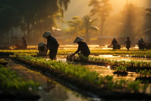 Agriculture of Asia Local Thai farmers are planting rice fields Generative AI.