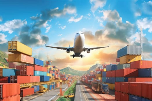 Global business logistics import export concept airplane truck train ship container Generative AI.