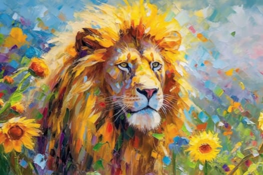 Lion made of oil paint modern art with sunflower Generative AI.