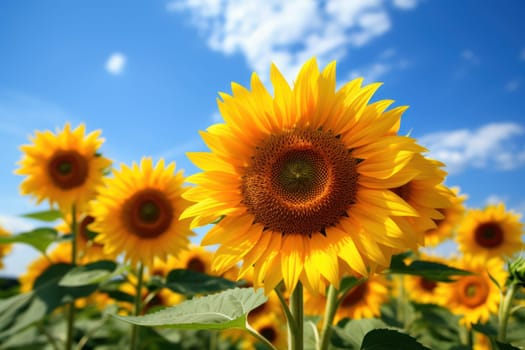Horizontal photograph of sunflowers in spring as wallpaper with blue sky Generative AI.