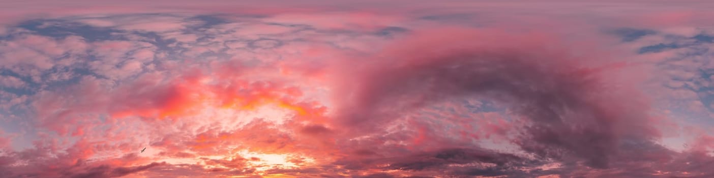 Bright sunset sky panorama with Cirrus clouds. Seamless hdr spherical equirectangular 360 panorama. Sky dome or zenith for 3D visualization, game and sky replacement for aerial drone 360 panoramas.