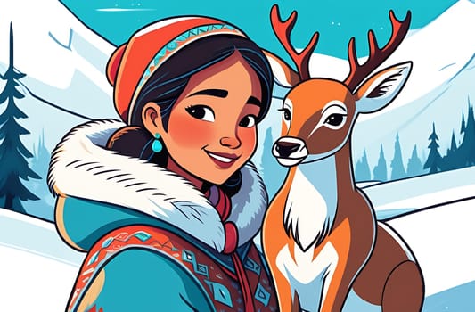 A beautiful Eskimo girl in national clothes standing in tundra with a deer. Close-up. Snowy tundra in the background.