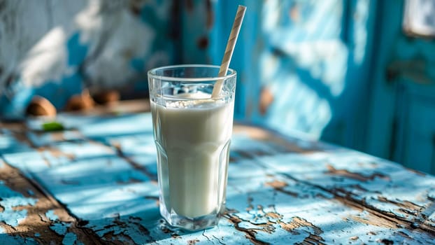 Glass with coconut milk on a blue background. Alternative plant milk. Vacation mood. AI generated.