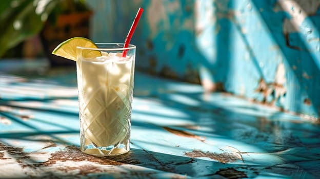 Glass with coconut milk on a blue background. Alternative plant milk. Vacation mood. AI generated.
