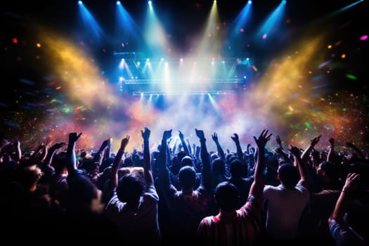a vibrant concert crowd illuminated by colorful stage lights and surrounded by falling confetti.
