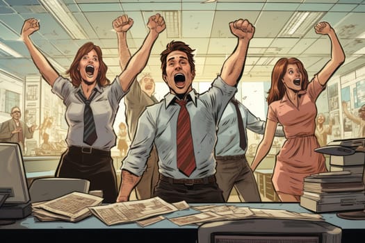 Group of successful happy business people in office celebrating Generative AI.