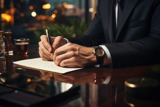 Close up of an office desk with pen and documents working hands in business suits Generative AI.