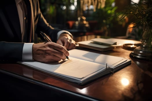 Close up of an office desk with pen and documents working hands in business suits Generative AI.