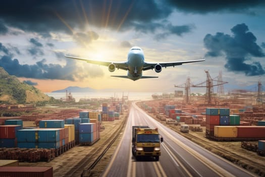 Global business logistics import export concept airplane truck train ship container Generative AI.