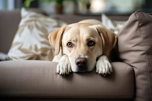 Modern living room interior Cute Golden Labrador Retriever near couch Generative AI.