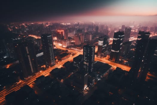 Aerial view of neon city, Cyberpunk metropolis at night.