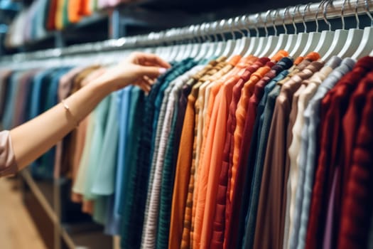 Close up of Female Hands Plucked Hanger Choosing Clothes in a Clothing Store Generative AI.