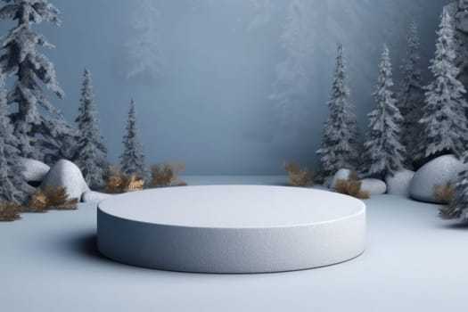 Minimal podium mockup on winter background. Generative AI.