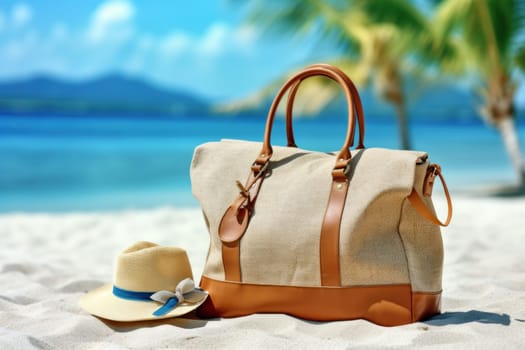 Summer Bag On Tropical Sand, Accessories Hat Towel With Leaves Palm And Blue Sea.