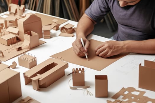 Designer sketching drawing design Brown craft cardboard paper packaging mockup box Generative AI.