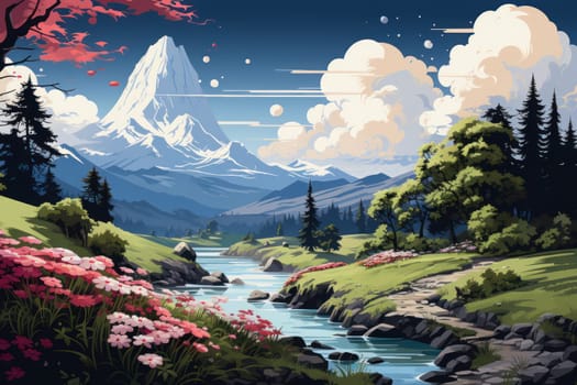 Winter Landscape there are mountains and lakes and sky and tree Digital printing Generative AI.