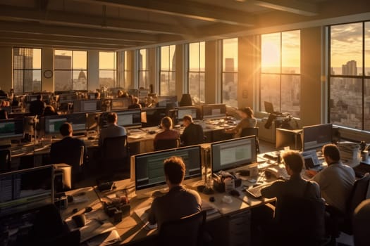 A glass walled office with a view of the city Bustling office space Generative AI.