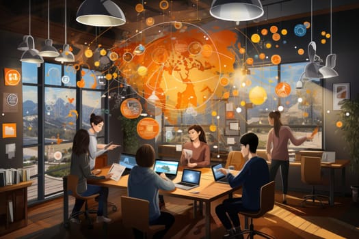 group student in class room, students in a library, Round table discussion, illustrator, Generative AI.