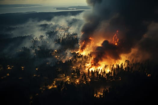 Night forest fire burns the pine trees in the forest Generative AI.