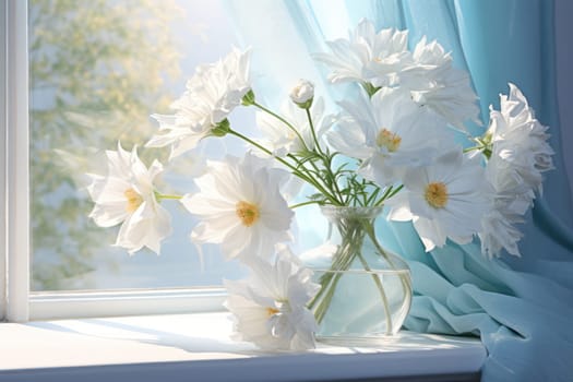 Flowers on a windowsill in the style of light sky and blue and light white Generative AI.