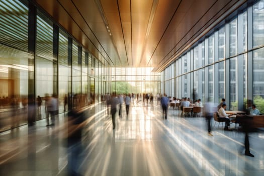 An office building with a huge people flow, fast shutter, Business people walking, Generative AI.