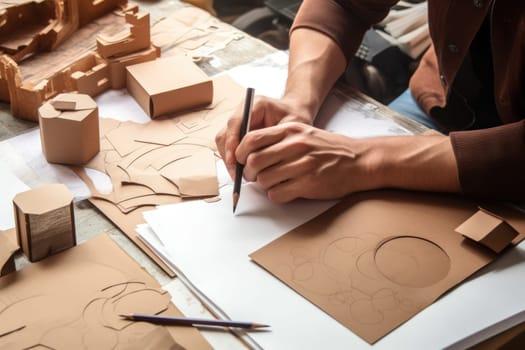 Designer sketching drawing design Brown craft cardboard paper packaging mockup box Generative AI.