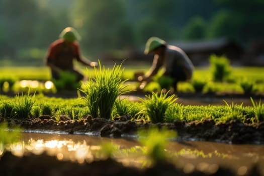 Agriculture of Asia Local Thai farmers are planting rice fields Generative AI.